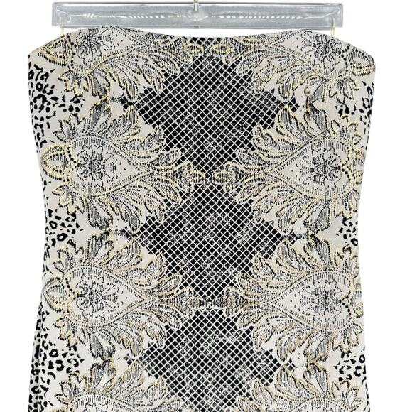 Nicole Miller Black & Cream Mixed Print Silk Blend Strapless Maxi Cocktail Dress - Picture 9 of 14